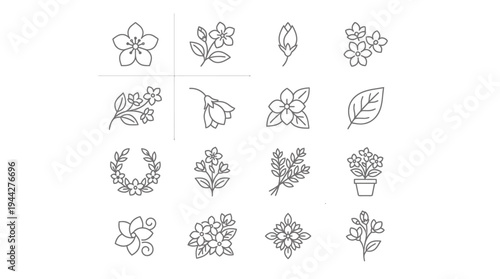 A collection of various flower icons and leaf illustrations in a simple line drawing style.
