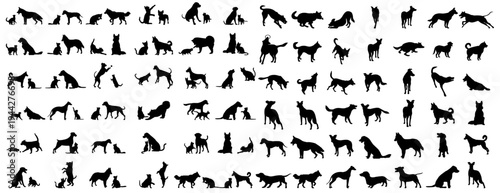 Mega collection of 100+ pet silhouettes featuring various dog breeds and cats in diverse action poses isolated