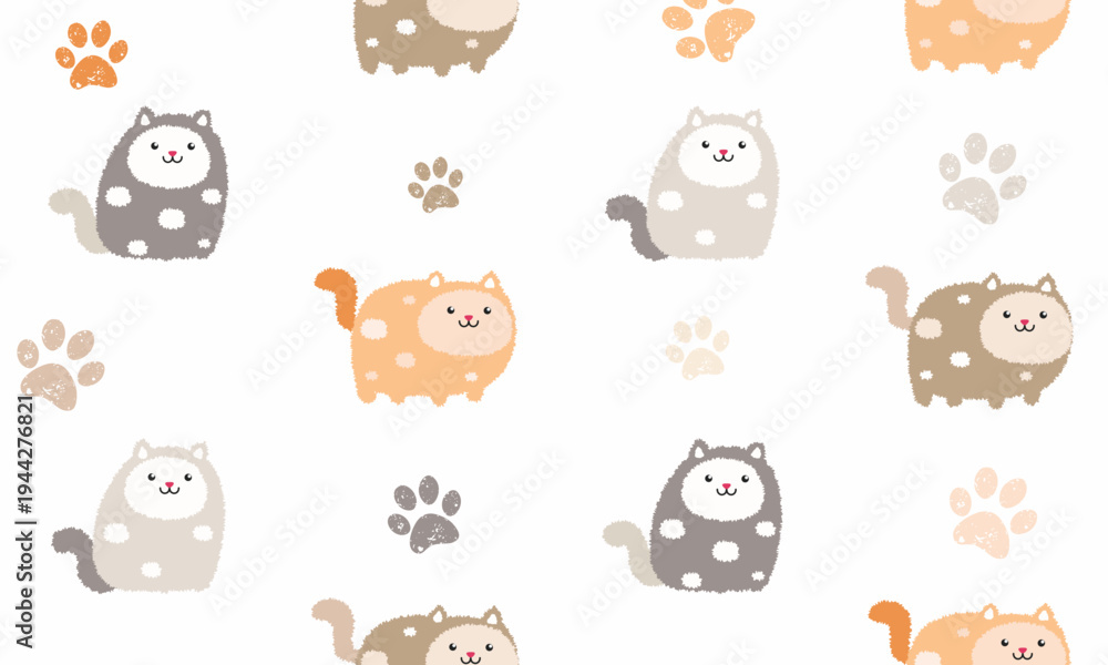 Obraz premium Seamless pattern with cute colorful Kittens. Creative childish fur texture. Great for fabric, textile Vector Illustration, grunge effect, creative, cat paw