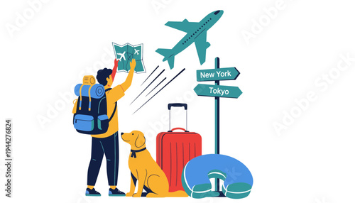 Traveler planning trip with dog and luggage illustration vector graphic