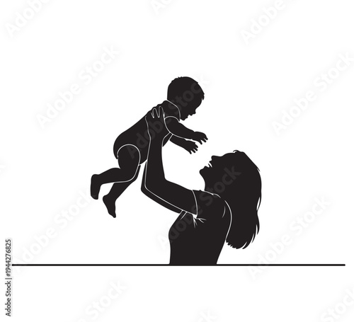 Minimalist black silhouette depicting a happy mother joyfully raising her infant in a tender and loving gesture of affection and connection