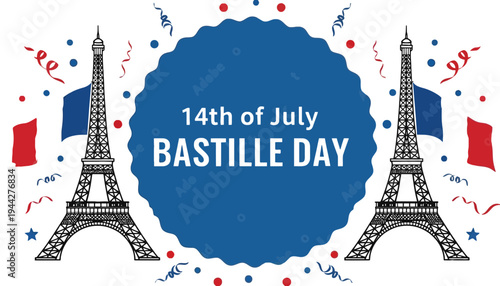 Bastille Day celebration with Eiffel Tower and French flags illustration