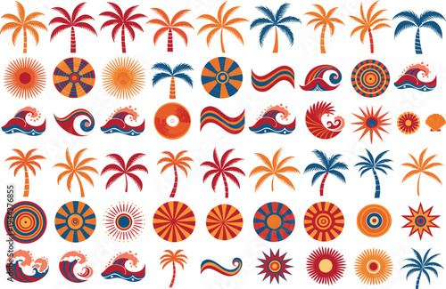 A vibrant collection of tropical icons and symbols in a flat design style