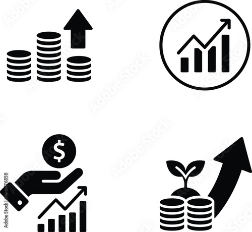 Financial growth, investment profit, money increase and business performance icon set