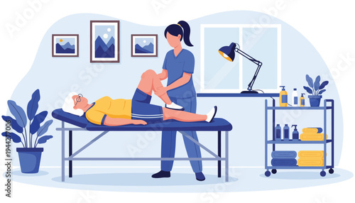 Physical therapist helping patient with leg exercise in clinic