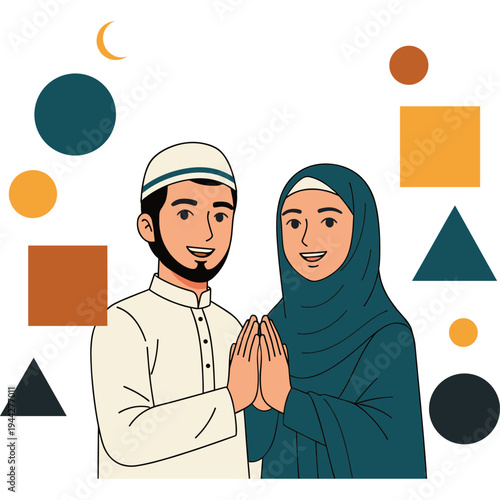 A Muslim couple praying together at home with colorful shapes around them.