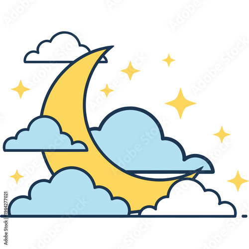 A cartoon crescent moon shines brightly among fluffy clouds and stars at night.