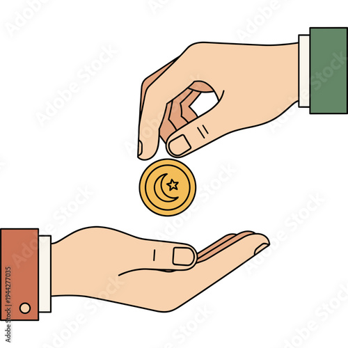 A hand giving a coin to another hand in an exchange.