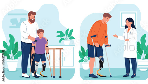 Prosthetic leg illustration of people with doctor and family support