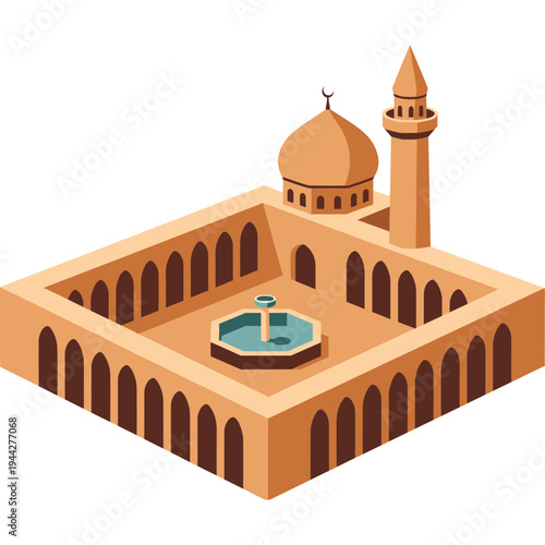 An illustration of a mosque with a courtyard and minaret in a desert environment