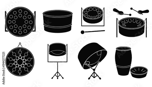 Drum vector icons set including various types and accessories