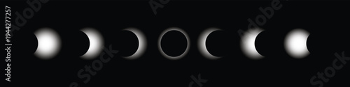 Full moon eclipse concept illustration. Set of moon phases or stages.Cosmos with moon and sun in total and partial solar eclipse and stars isolated on transparent background, vector,illustration.
