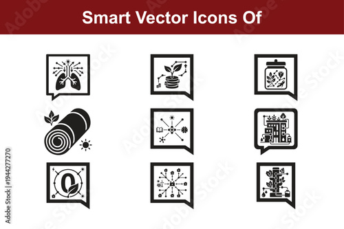 Smart eco technology vector icon set featuring sustainability net zero carbon neutral green energy and environmental conservation symbols bundle