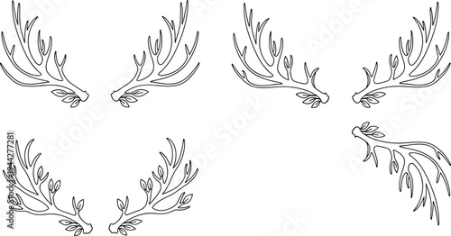 Deer antlers with leaves line art set woodland wildlife horn branches decorative nature vector illustration collection isolated design elements