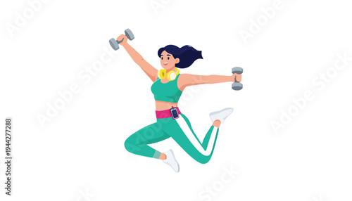 A woman in green workout clothes jumping with dumbbells in hand
