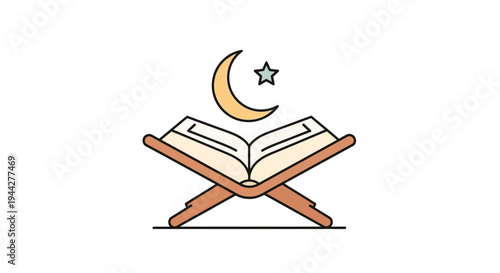 Open book with crescent moon and star symbol isolated on white background