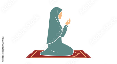 Woman in prayer dress kneeling on a prayer rug isolated on white background