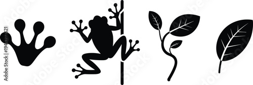 Frog silhouette and leaf nature icon set amphibian footprint climbing frog plant leaf vector illustration collection isolated design