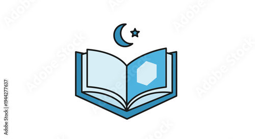 Open book with crescent moon and star symbol isolated on white background
