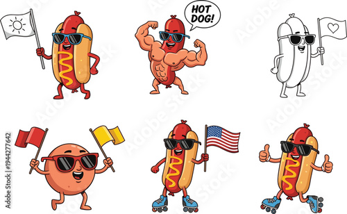 Funny hot dog cartoon characters set with sunglasses, flags and muscular mascot isolated colorful vector illustration for food branding design