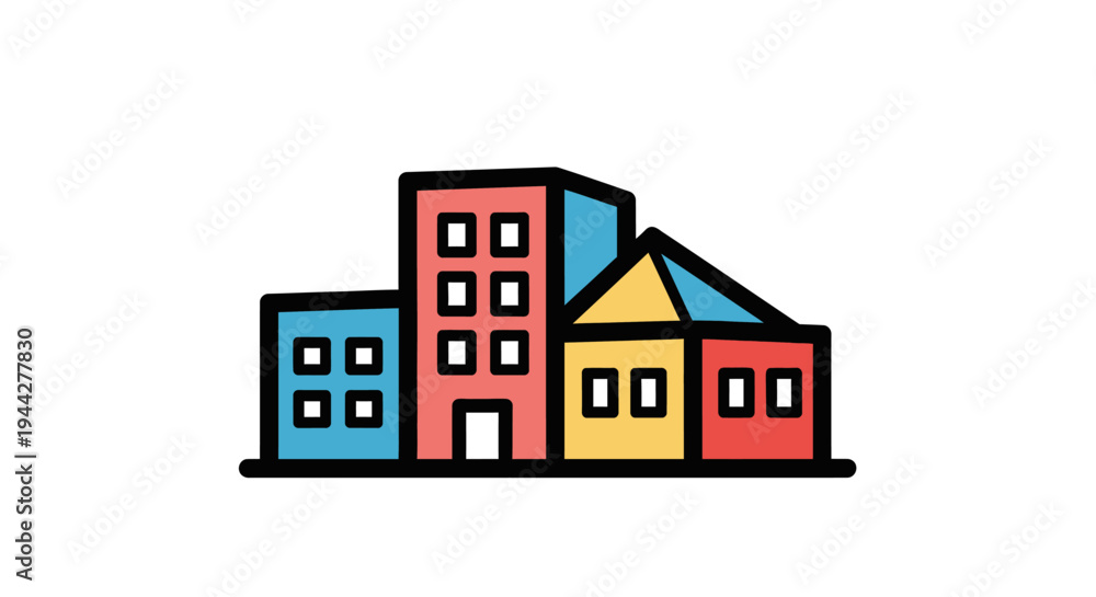 Fototapeta premium Colorful illustration of various buildings with outlines and windows