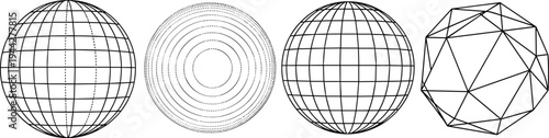 Geometric sphere wireframe collection with globe grid circles and polygon shapes abstract technology vector line art illustration set