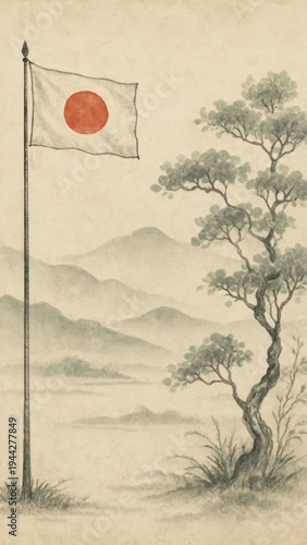 Japanese flag with serene landscape.