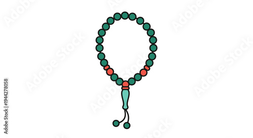 Illustrated green bead necklace with decorative elements on white background