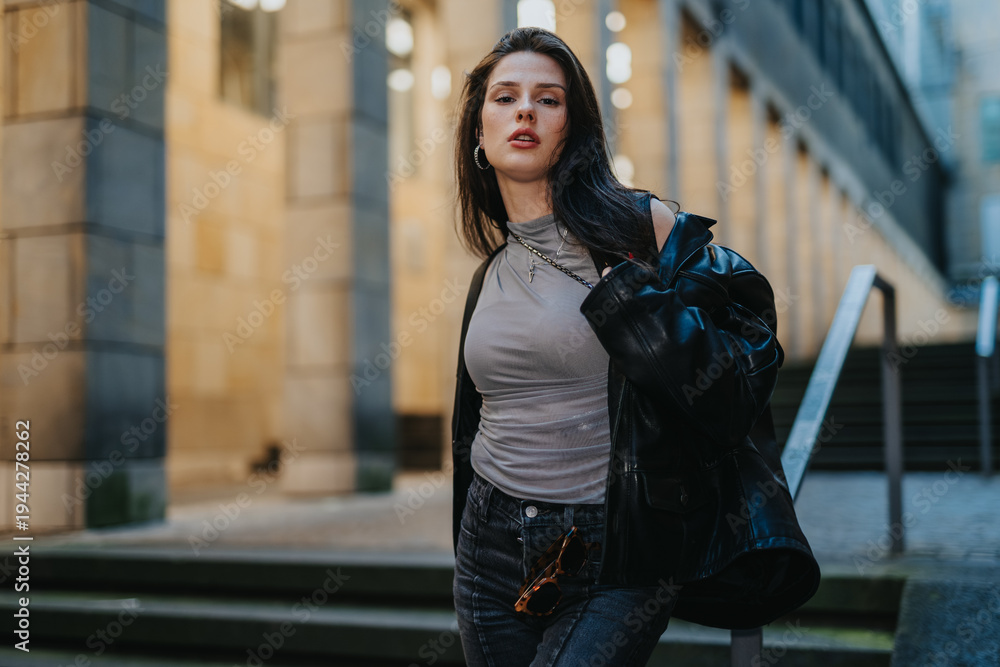 Fototapeta premium Young woman wearing a leather jacket and casual jeans poses confidently on city steps. A fashionable street portrait captures her urban style and attitude.