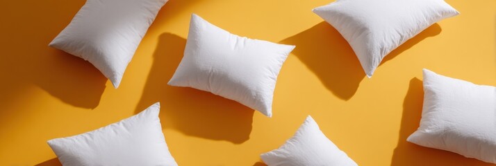 White pillows yellow background floating arrangement with varied angles and strong shadows minimalist bedding aesthetic for interior decor