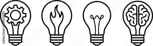 Light bulb idea concept icon set creativity innovation inspiration brain gear flame filament line vector illustration collection isolated