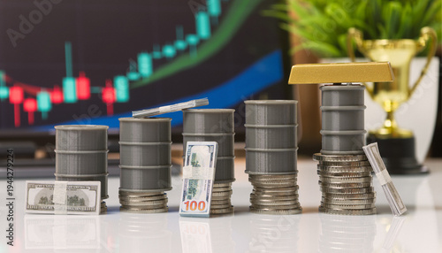 Oil Barrels, Cash and Gold Bar with Rising Energy Market Trend