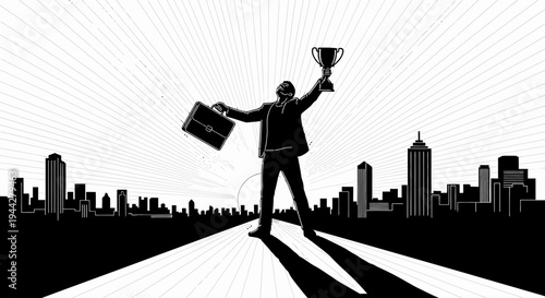 Successful Businessman Celebrating with Trophy Silhouette over City Skyline