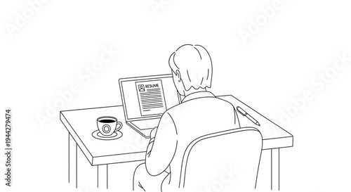 Man sitting at desk looking at resume on laptop screen