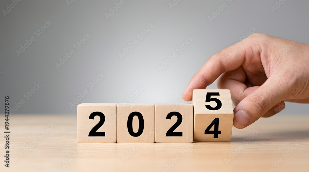Naklejka premium Hand placing number 5 wooden block on 2024 countdown year calendar concept isolated on transparent background