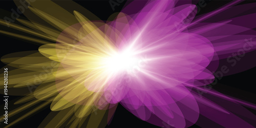 Collision of two forces with yellow and pink lights. Vector light effect. Realistic lightnings.