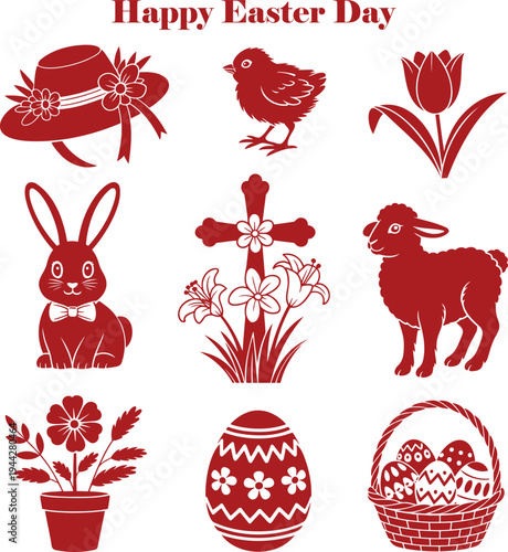 A collection of red silhouette icons celebrating Happy Easter Day on a pristine white background
