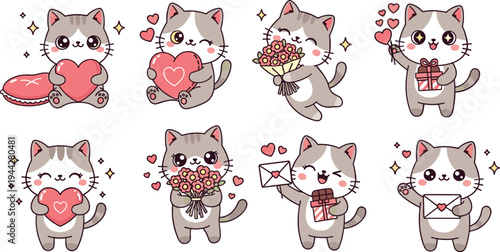 Cute kawaii cat characters with hearts, flowers, gifts and love letters vector set for Valentine greeting and romantic designs