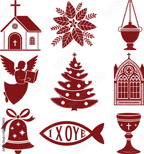 A group of maroon colored religious Christian and Christmas themed icons on a white background
