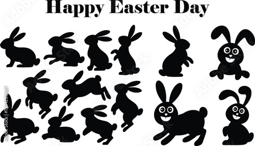 A group of black rabbit and bunny silhouettes alongside the festive text Happy Easter Day