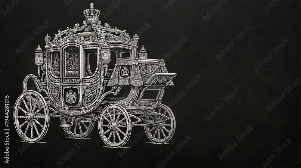 Fototapeta premium A royal carriage engraving on a black background. Highly detailed victorian filigree and heraldic crests.