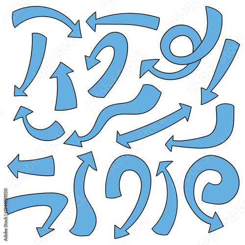 Hand-drawn cartoon set of blue arrows on a white background.