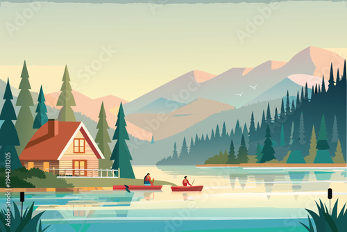 Cabin Lakeside Canoe Trip Mountain Landscape Nature Scenic View