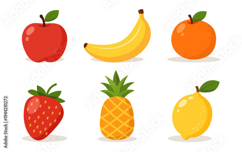 Flat Fruit Set Collection with Apple, Banana, Orange, Strawberry, Pineapple and Lemon Vector Illustration