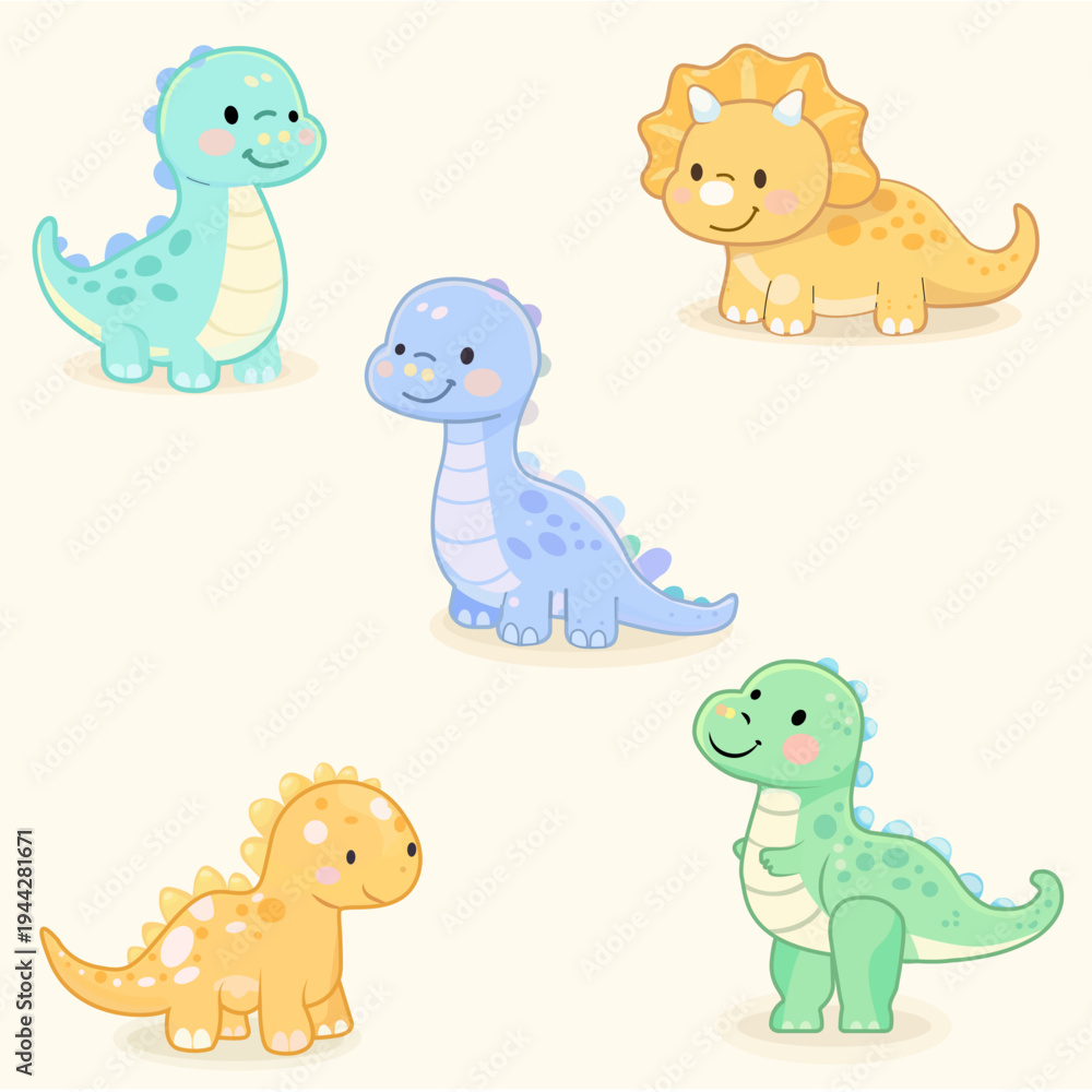 Fototapeta premium Cute Baby Dinosaurs Cartoon Set – Colorful Kawaii Dino Characters Illustration.