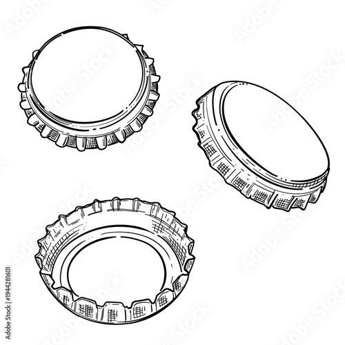 metal bottle caps set vector line art hand drawn illustration