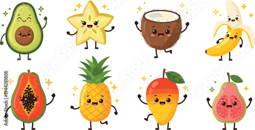 Cute kawaii fruit characters vector set with avocado, banana, pineapple, mango, papaya, guava, coconut and starfruit illustrations