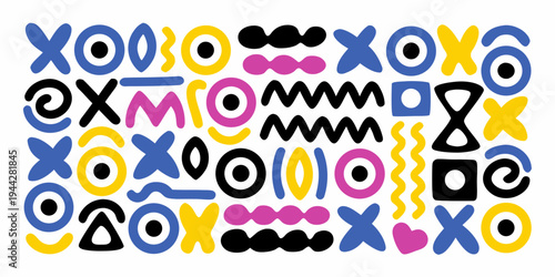 Abstract arrangement of colorful playful shapes and letter like forms