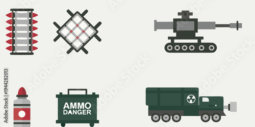 Flat design icons representing various military vehicles and weaponry