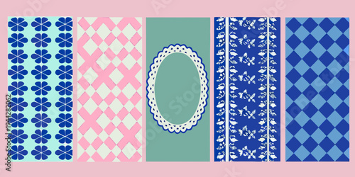 Five vertically arranged patterned panels in pastel shades